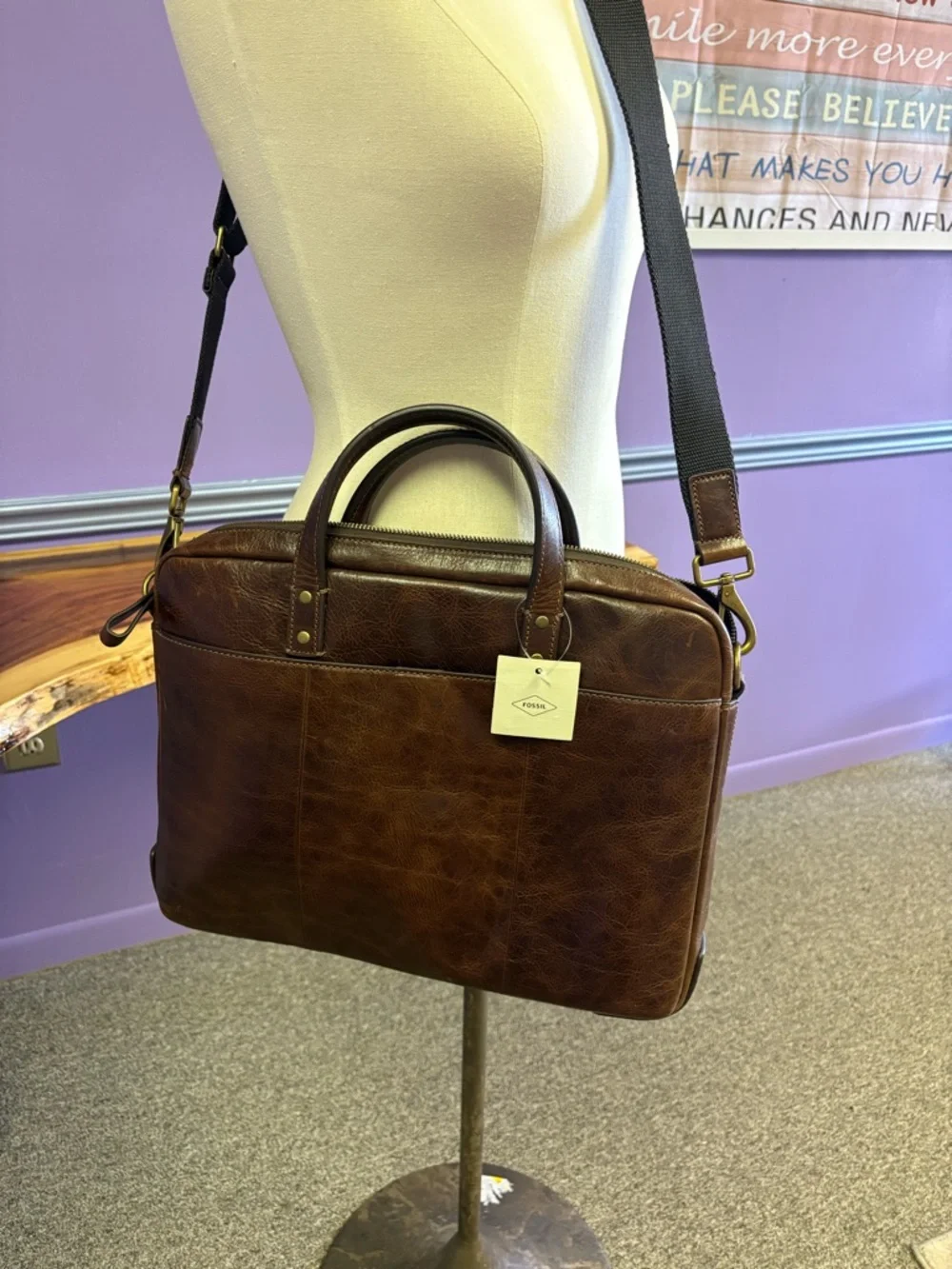 Fossil Dark Brown Leather Laptop Briefcase with Adjustable Strap